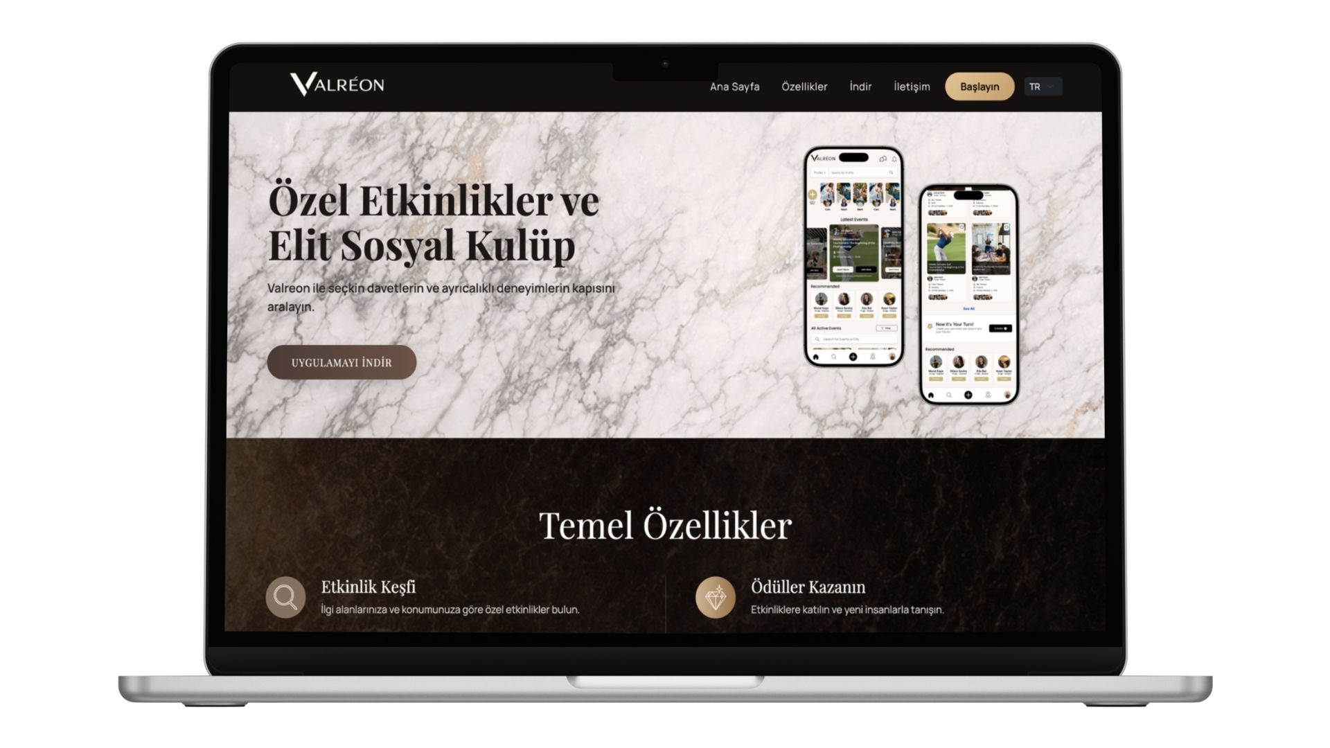 Valreon – Etkinlik Uygulaması Tanıtım Web Sitesi